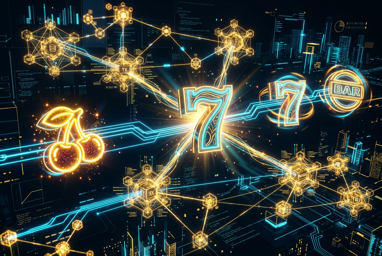 Abstrakcyjna wizualizacja technologii blockchain i symboli slotów w kasynie online