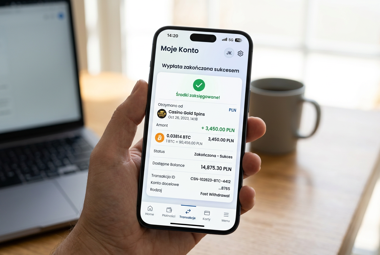Modern digital banking interface showing a successful fast withdrawal transaction from an online casino to a mobile phone with Polish Zloty and Bitcoin symbols clean tech style