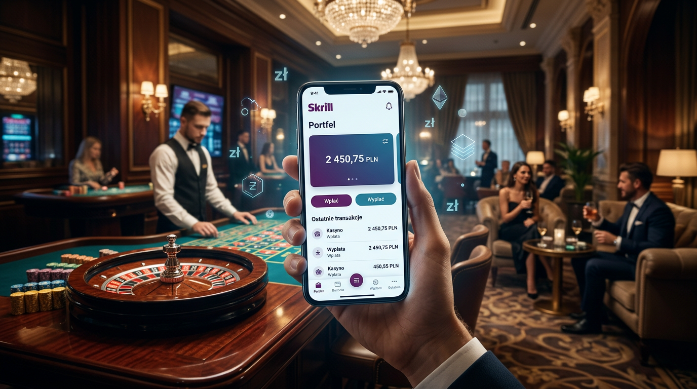 A smartphone showing the Skrill app in a luxury casino environment.