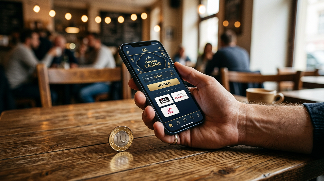 Smartfon z aplikacją kasyna online i moneta 10 zł na stole.