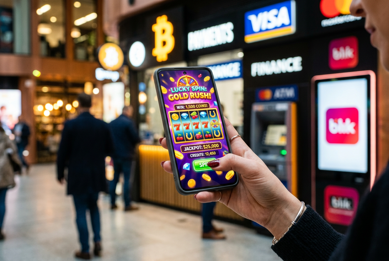 Zestawienie smartfona z aplikacją kasynową oraz fizyczną kartą płatniczą i logo kryptowalut