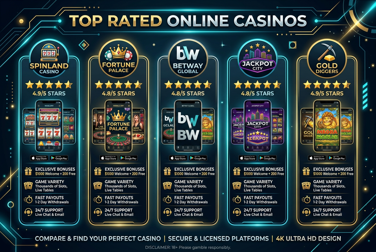 Profesjonalna infografika prezentująca ranking najlepszych kasyn online w 2026 roku z ocenami gwiazdkowymi i ikonami aplikacji mobilnych