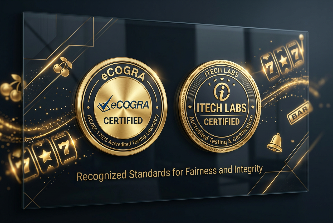 Certification badges of eCOGRA and iTech Labs on a sleek dark glass background with gold accents and abstract slot machine reels symbols